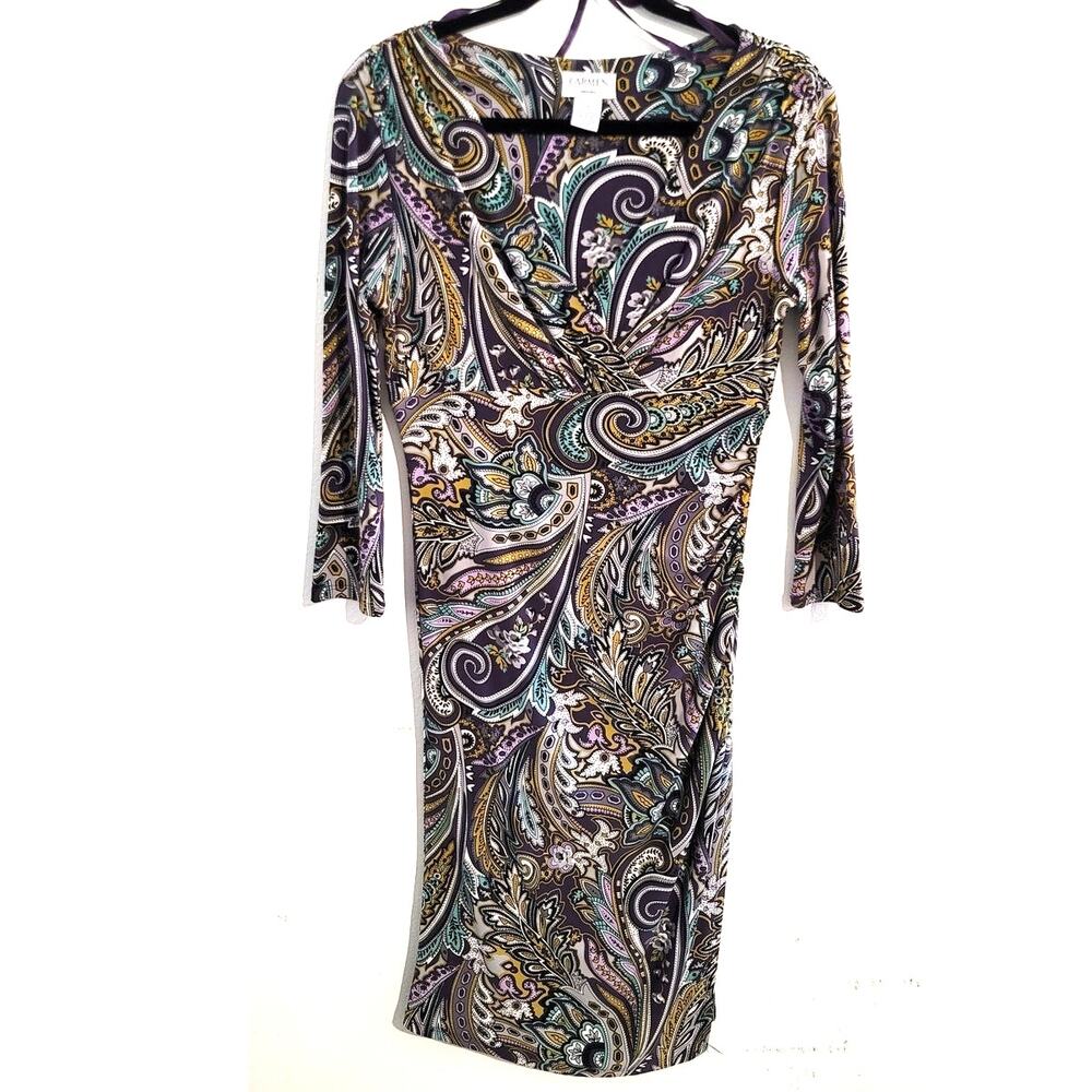 Carmen Carmen Marc Valvo Faux Wrap V-Neck Paisley Print Dress Small
